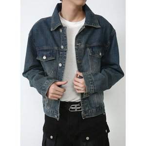 SICNHE European and American streets, handsome and simple denim, men's lapels of men's lapels, men's high street, handsome shirt tide