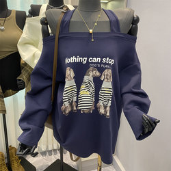 Puppy print mid-length off-shoulder long-sleeved sweatshirt top
