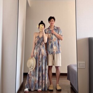 
Xishuangbanna vacation style floral suspender dress for women in summer loose shirt skirt couple outfit one dress one skirt