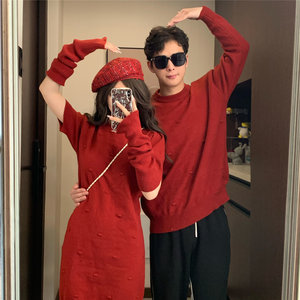 
Homecoming couple outfit autumn and winter red Christmas outfit engagement sweater dress women's one skirt and one sweater