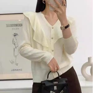 2026春秋季新款米白色荷叶边羊毛衫薄款灰色V领针织开衫女毛线衫