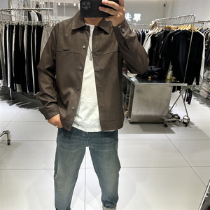 
2025 autumn new men's lapel leather jacket slim and simple embroidered fashionable matte PU leather jacket casual