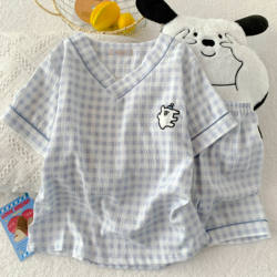 【Line Dog Fine Yarn Cotton】Summer Short-Sleeve Cute Cloud Cotton Pajama Set for Women, Summer Cartoon Homewear Korean Style