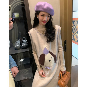 
AMUM Maternity Wear Snow Velvet Mochi ~ Cute puppy knitted vest dress for age-reducing layering vest dress