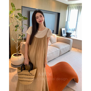 
AMUM maternity wear does not show pregnancy ~ elegant short-sleeved suspender skirt, fashionable summer dress during pregnancy