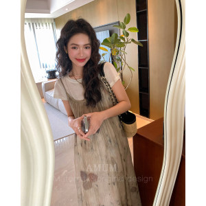 
AMUM maternity wear Fuyao Oriental~Chinese retro dyed pleated temperament loose suspender dress