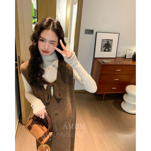 
AMUM maternity wear color aesthetic ~ coffee color loose commuting lace casual layered woolen vest skirt