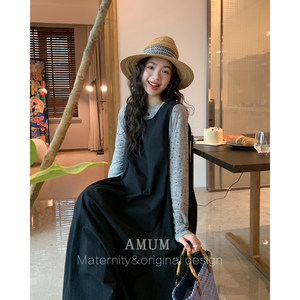
AMUM maternity dress is serious and fashionable~ round neck sleeveless vest skirt Korean version layered slim dress