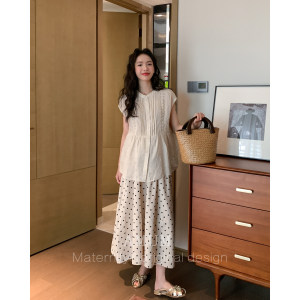 
AMUM maternity suit is sweet and sweet apricot~Ramie sleeveless vest top loose temperament age-reducing retro shirt