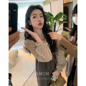 
AMUM maternity dress girl's exquisite feeling ~ French retro brown large bow layered vest dress