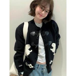 覆古费尔岛兔子提花牛角扣毛衣外套女秋季薄款圆领针织开衫短上衣