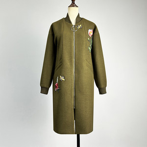 
Brand mid-length green woolen coat for women 2025 autumn and winter exquisite embroidered flower beads and diamond zipper coat