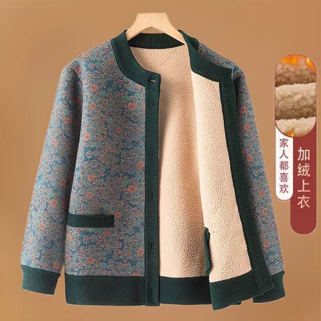 Mom's new autumn and winter velvet thickened tops for middle-aged and elderly cardigans printed casual and stylish grandma coats for women