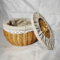Wicker Storage Basket with Lid and Cloth Lining, Snack Basket, Handmade Chinese-Style Country-Style Fruit and Cooked Food Basket