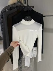 Designed High-Neck Pure Desire Style Mesh Long-Sleeve T-Shirt for Women, New Korean Version, Slim Fit, Solid Color Inner Layer Base Shirt