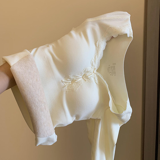 
Silk cashmere thermal underwear for women plus velvet and thickened autumn clothes and long pants set 2025 autumn and winter slim-fitting top with breast pads