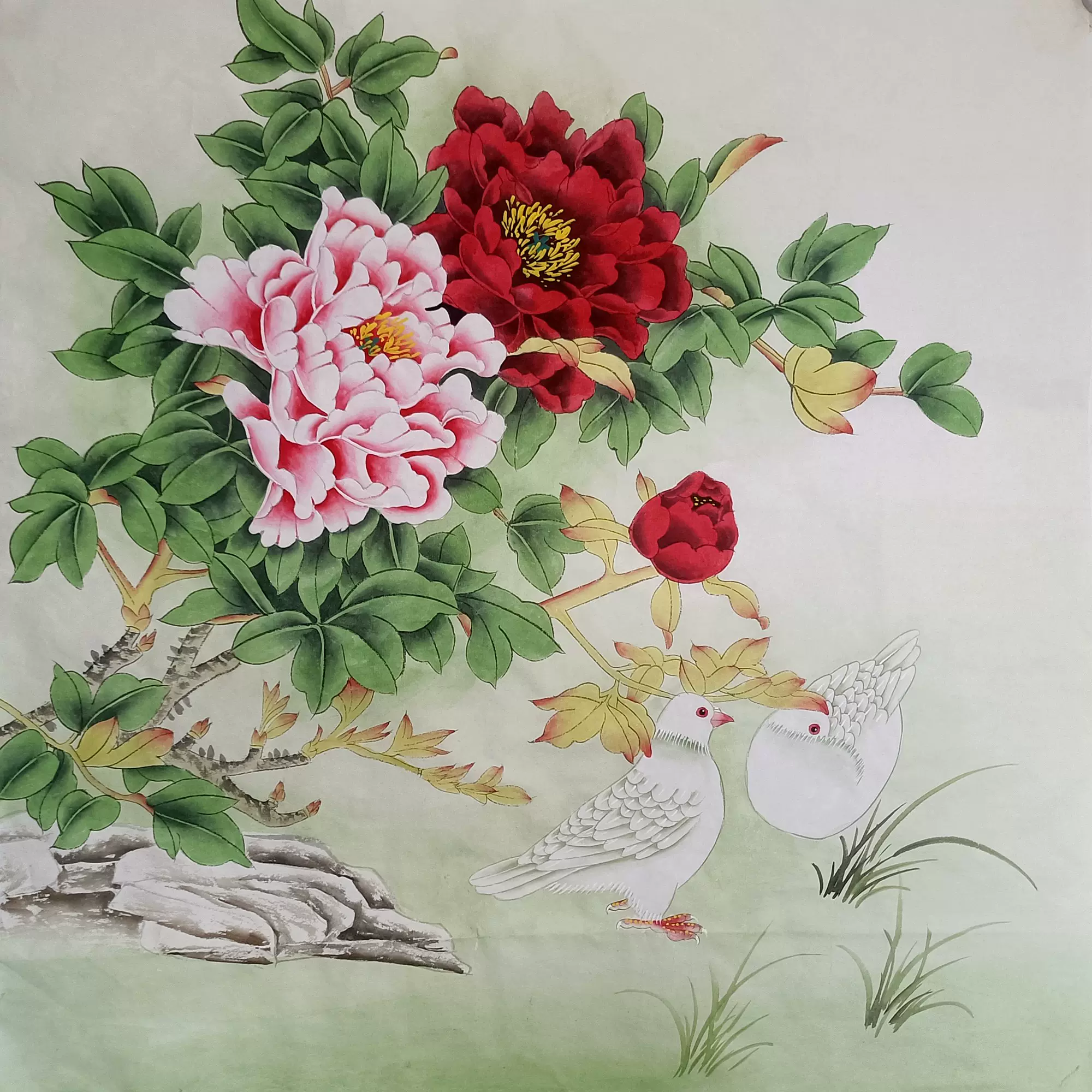 国画成品工笔画花鸟画牡丹四尺斗方纯手绘真迹画芯未