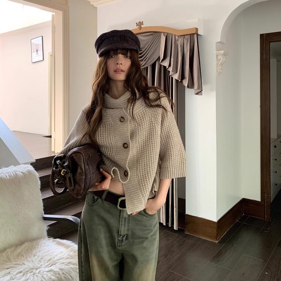 KERNEL COSMOS Pine and Black Crafts Old-fashioned atmosphere lazy thick knitted pullover wool short cardigan