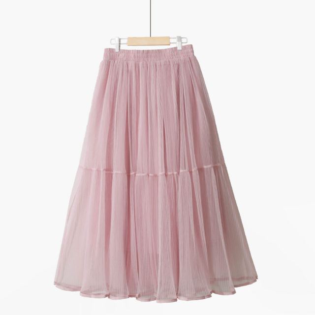 Spring new sweet solid color simple pleated fairy skirt A-line large sway high waist mesh splicing mid-length skirt
