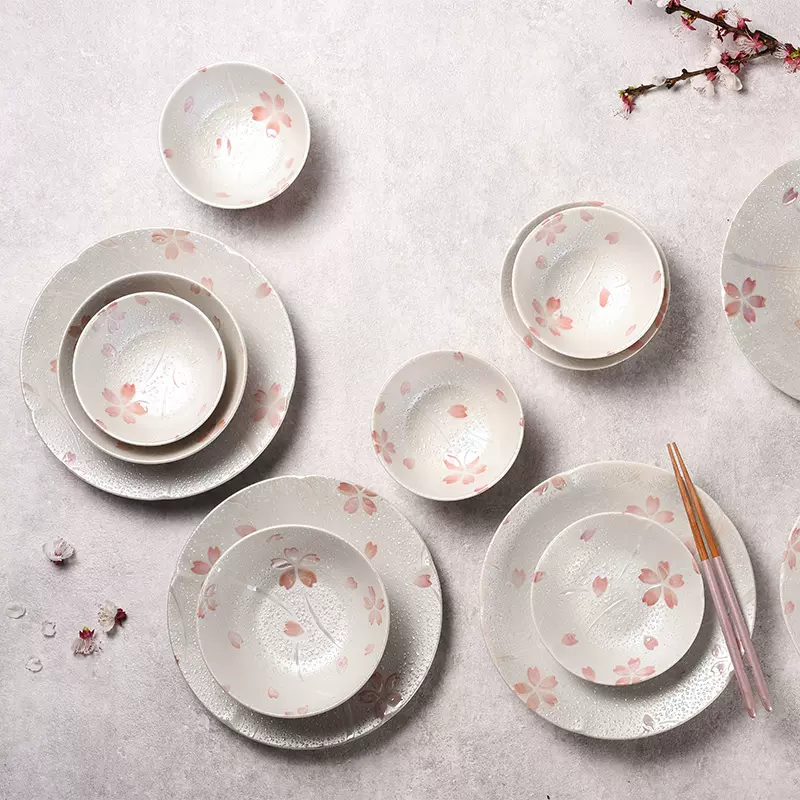 美浓烧日本进口陶瓷樱花碗盘珍珠釉立体花纹家用和风不规则方形碟-Taobao