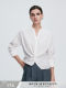 Women's first cotton French knot shirt 25 summer V-neck blue long-sleeved shirt short waist slack design