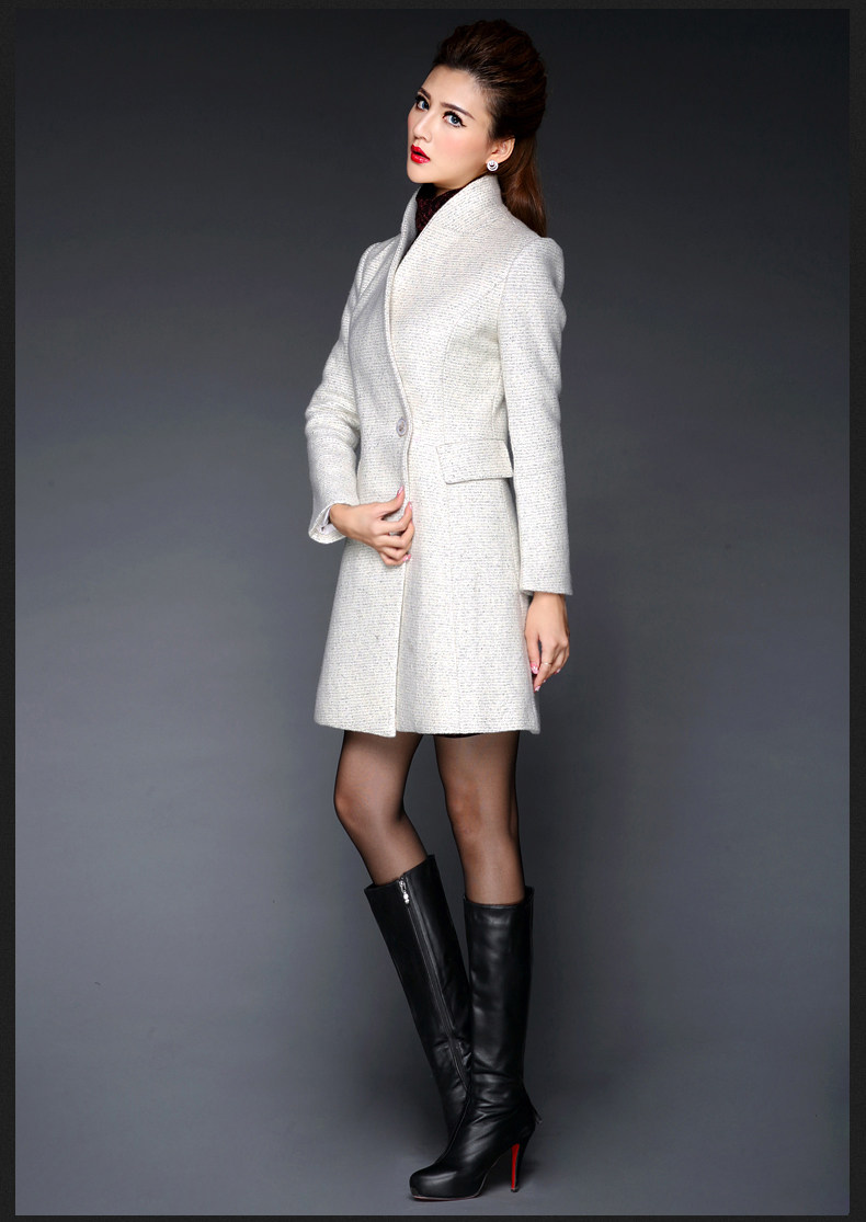 米思阳秋冬谷雪修身白色毛2015时尚呢外套女中长款双排扣大衣