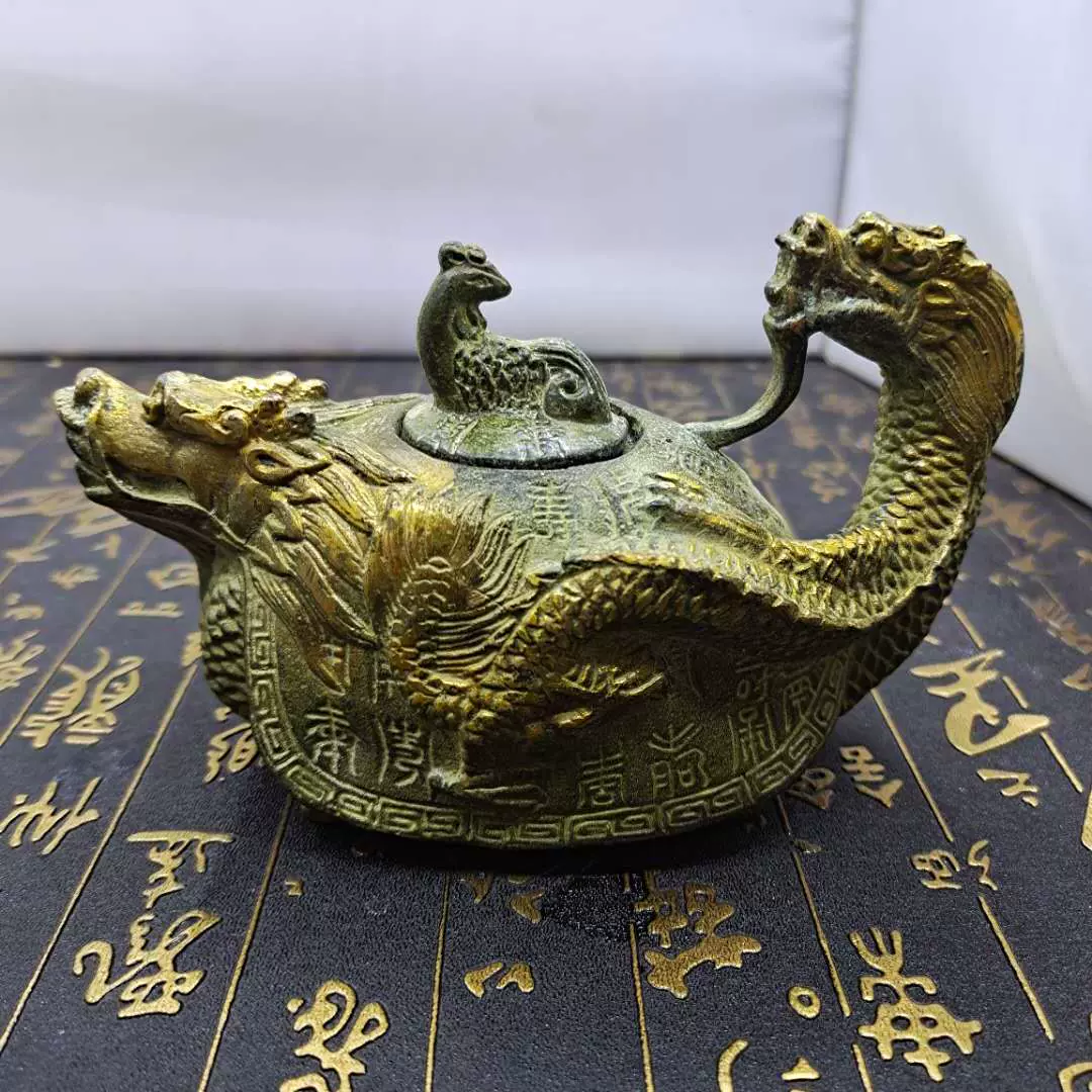 回流铜器老物件古玩古代老铜壶茶壶黄铜纯铜茶具龙龟壶鎏金龙凤壶-Taobao