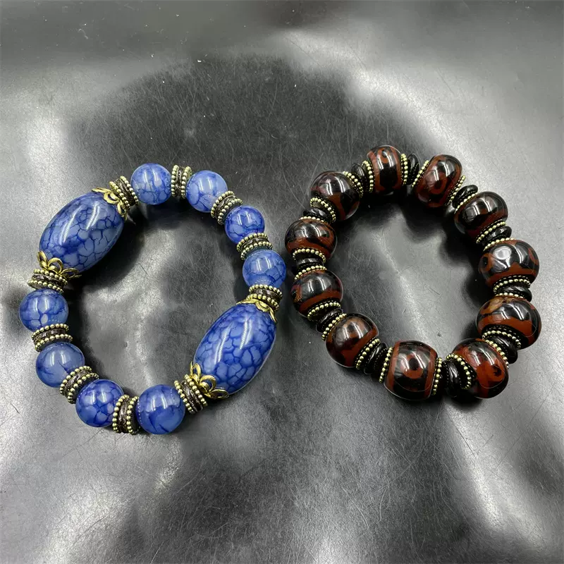 四海玉器蓝色龙纹玛瑙圆珠手链红色三眼天珠玛瑙算盘珠手串