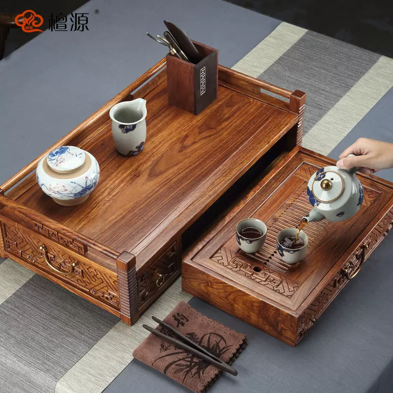 祥福茶具竹制茶盘排水特大号茶海重竹茶台简约家用长方形茶托盘-Taobao 