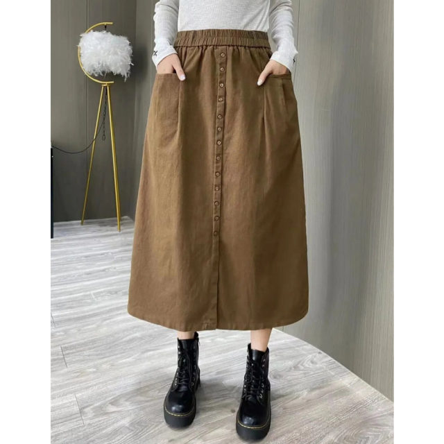 Pure -colored oblique cotton skirt, commute fashion pocket, autumn skirt retro Hong Kong style versatile casual long skirt