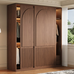 Oak Solid Wood Wardrobe Sliding Door Cabinet for Home Bedroom New French Mid-Century Style Sliding Door Walnut Color Wardrobe