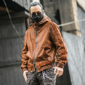 C75015-1 original ecological goat classic men's leather coat retro making old leisure casual hooded sweater jacket
