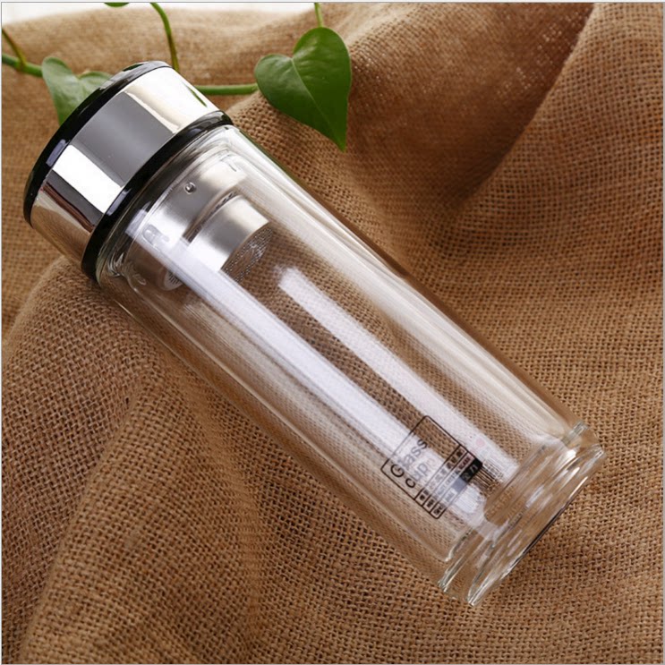 金力双层玻璃杯男透明高档耐热防爆茶水分离泡茶杯带盖办公水杯子