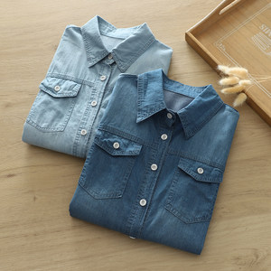 
Literary fresh double pocket college style slim denim shirt women's long-sleeved white worn bottoming shirt large size trendy