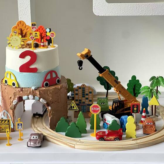 
Children's Electric Track Train Cake Decoration Ornaments for Boys First Birthday Party Dessert Dress Up