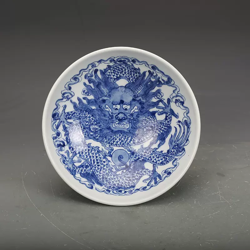 清康熙瓷器青花龍紋高足碗古董古玩明清老瓷器舊