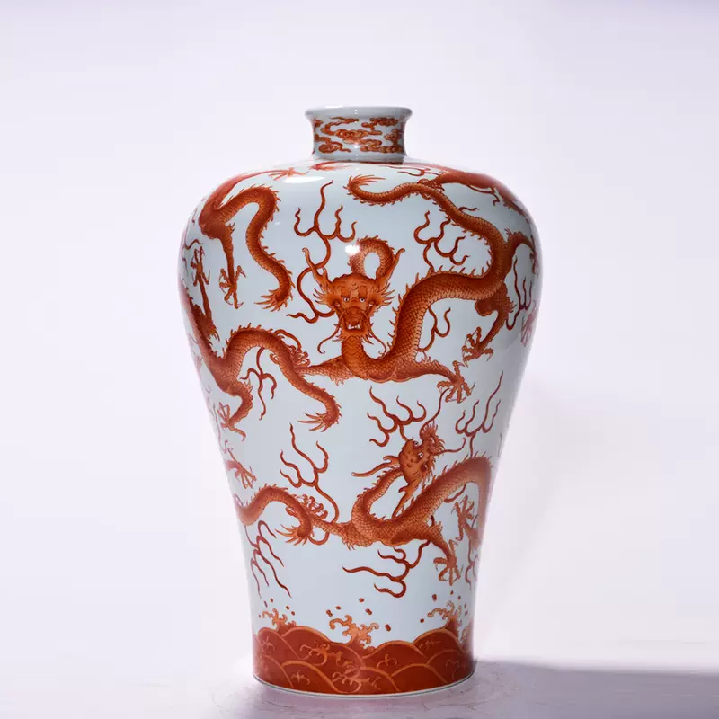 清雍正瓷器矾红彩海水龙纹梅瓶古董古玩明清老瓷器旧货收藏-Taobao
