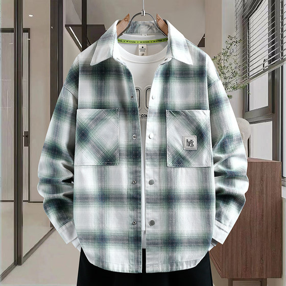 
Retro plaid long-sleeved shirt for boys spring and autumn washed denim jacket for teenagers men's trendy shirt jacket