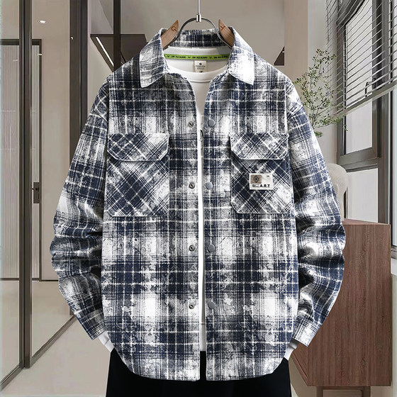 
Retro distressed plaid jacket men's spring 2026 new fashion brand denim shirt teenager men's casual jacket