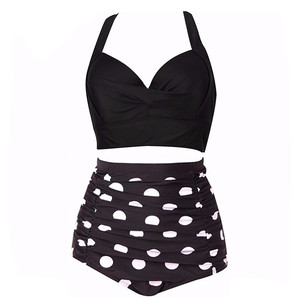 Large size gathered steel support ring D large breasts hidden swimsuit super slim black waist-hugging bikini swimsuit