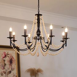 Medieval Style Black Candle Lamp Living Room Chandelier American Restaurant Romantic Wooden Bead Decorative Lamp Bedroom Lamp French Chandelier