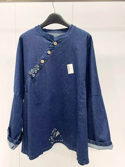 18178 retro blue printed patch oblique button cotton twill denim shirt loose long sleeve pullover top