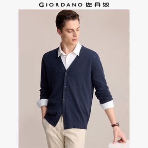 Giordano couples sweater men and women's clothing combed pure cotton machine washable solid color V-neck knitted cardigan 13054668
