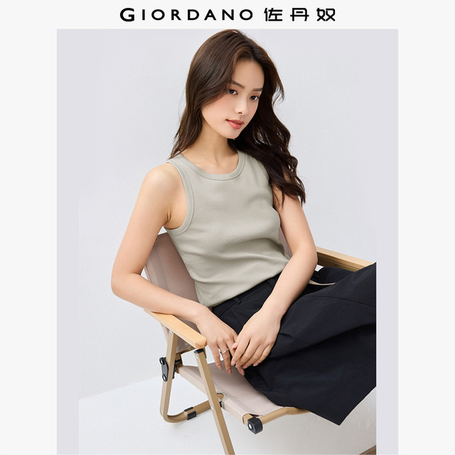 Giordano knitted vest for women, elastic pit strip solid color base shirt, slim round neck sleeveless T-shirt for women 30324209
