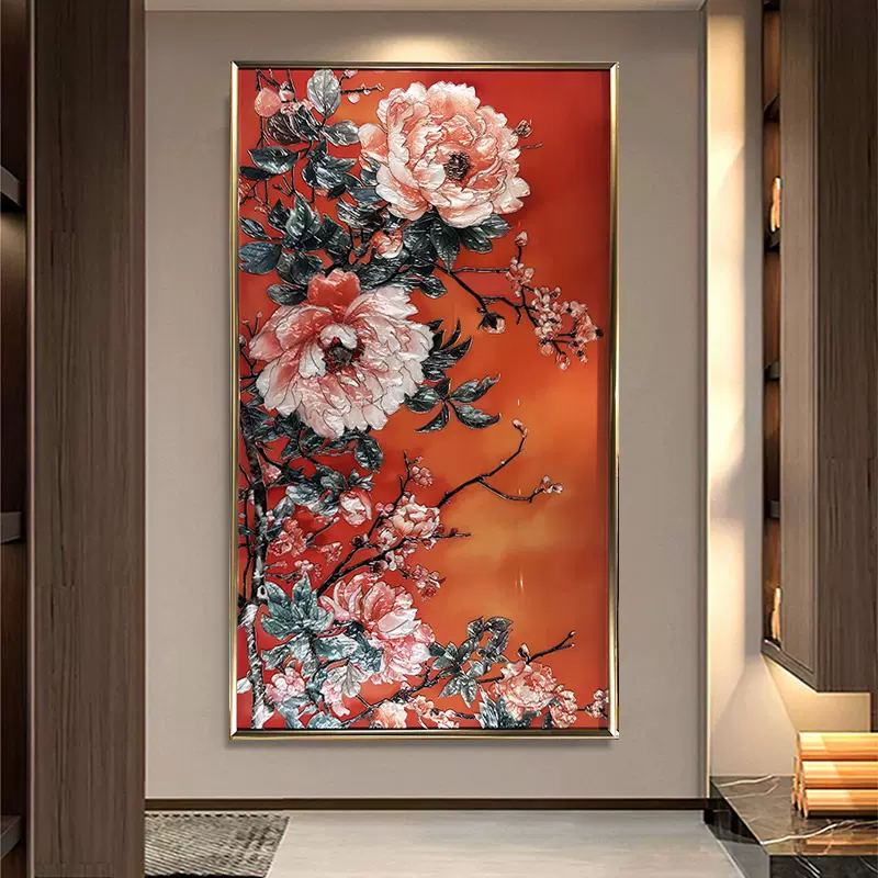 珐琅彩装饰画 手绘珐琅彩装饰画新中式现代玄关走廊壁画客厅立体金属框锦绣