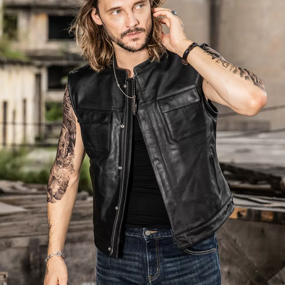 现货男女牛皮复古哈雷马甲混乱之子机车车队背心黑色立领拉链队服