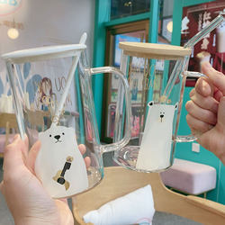 Glass Cup for Girls, High-Looking Cartoon Straw Cup, Large Capacity with Handle, Student Household Drinking Cup, High Temperature Resistant