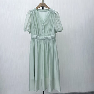 2025 summer new product French V-neck dress with women's temperament slim and fresh A-line tea skirt 3324