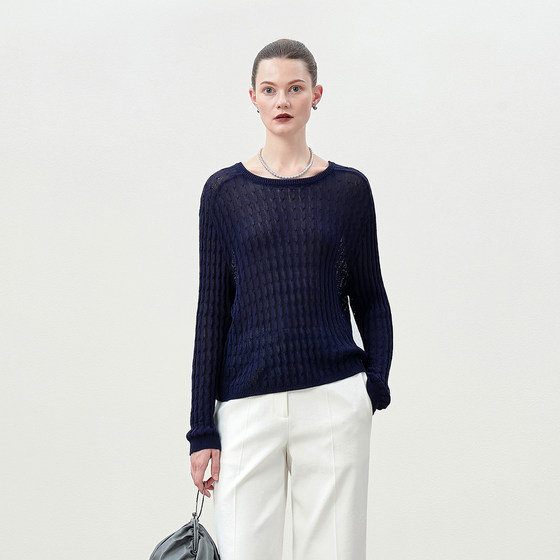 *WZT07093 Jasmine Yaji Hazy Cable High Count Cotton Boat Neck Long Sleeve Knitted Pullover for Women in the Wind