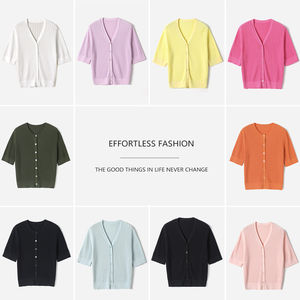 *WZK09086 Jasmine Yaji Colorful cotton elegant cable knitted V-neck round neck mid-sleeve cardigan for summer women